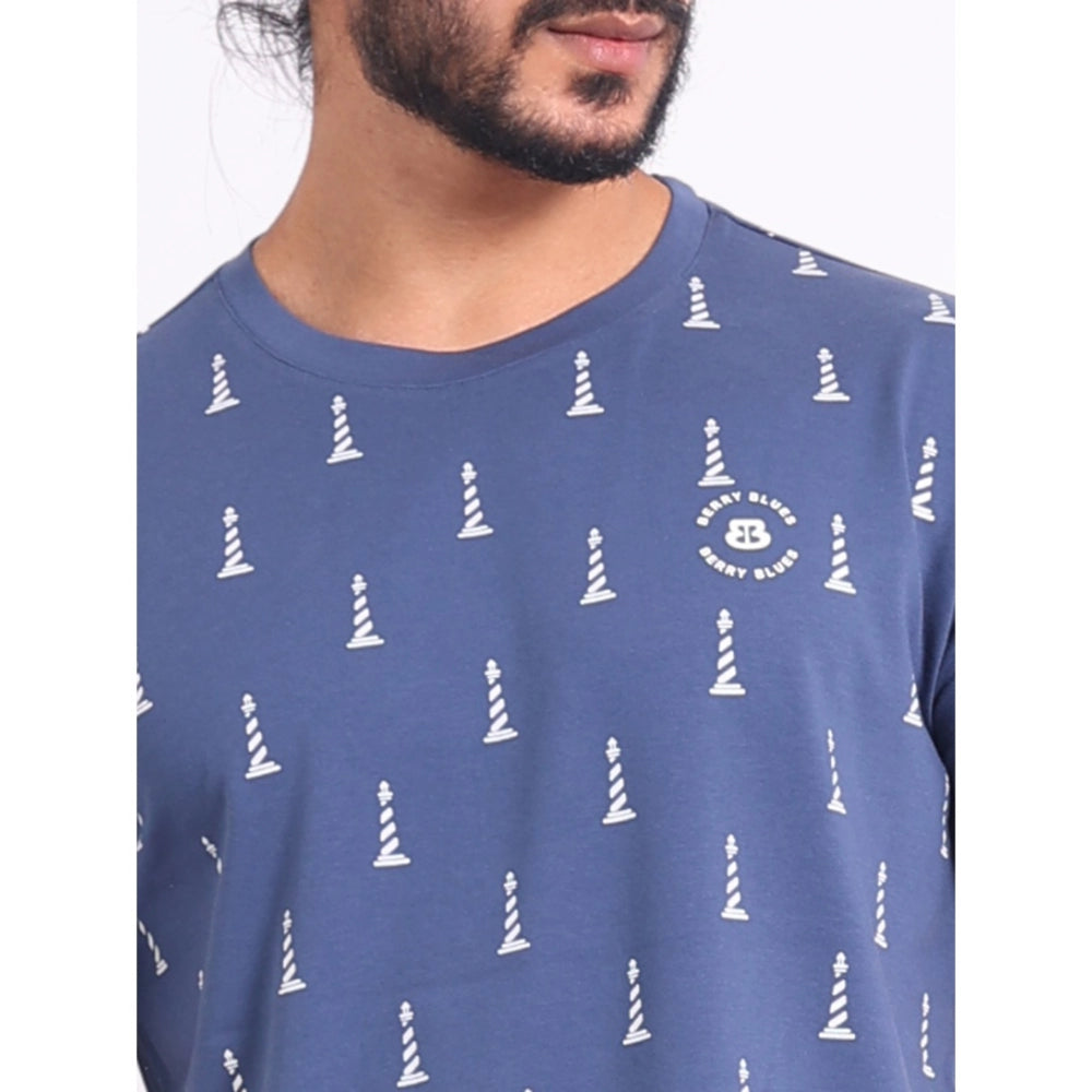 Generic Men's Casual Cotton Printed Round Neck Half Sleeve T-Shirt (Blue)
