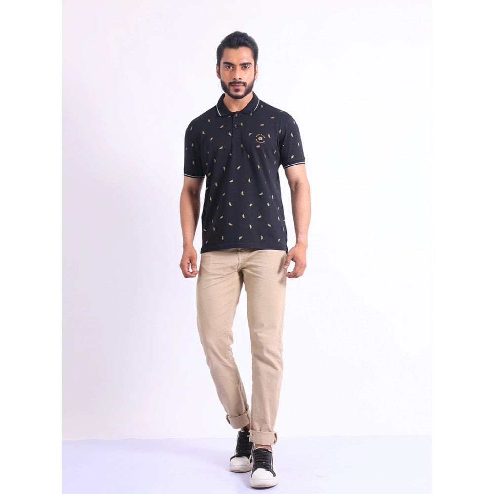 Men's Casual Cotton Printed Polo Neck Half Sleeve T-Shirt (Black)