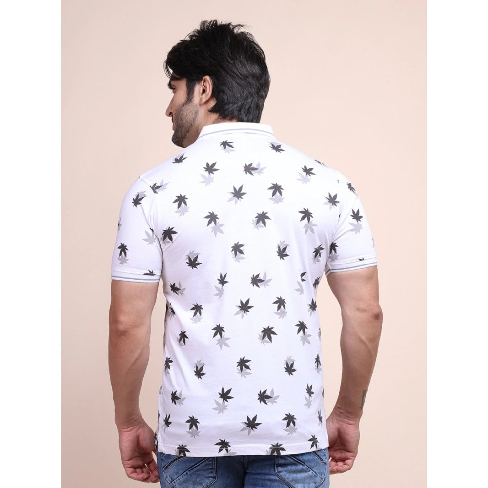 Men's Casual Cotton Printed Polo Neck Half Sleeve T-Shirt (White)