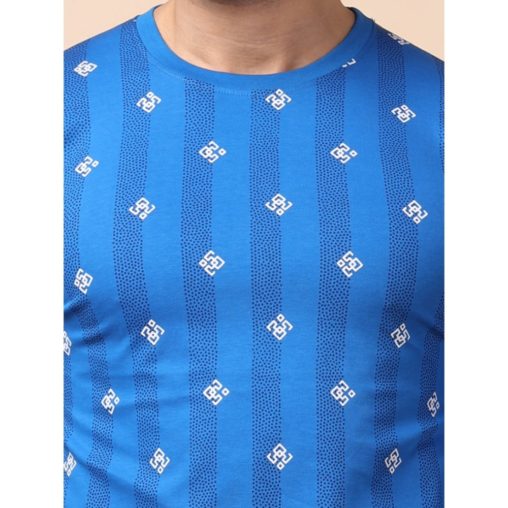 Generic Men's Casual Cotton Printed Round Neck Full Sleeve T-Shirt (Blue)