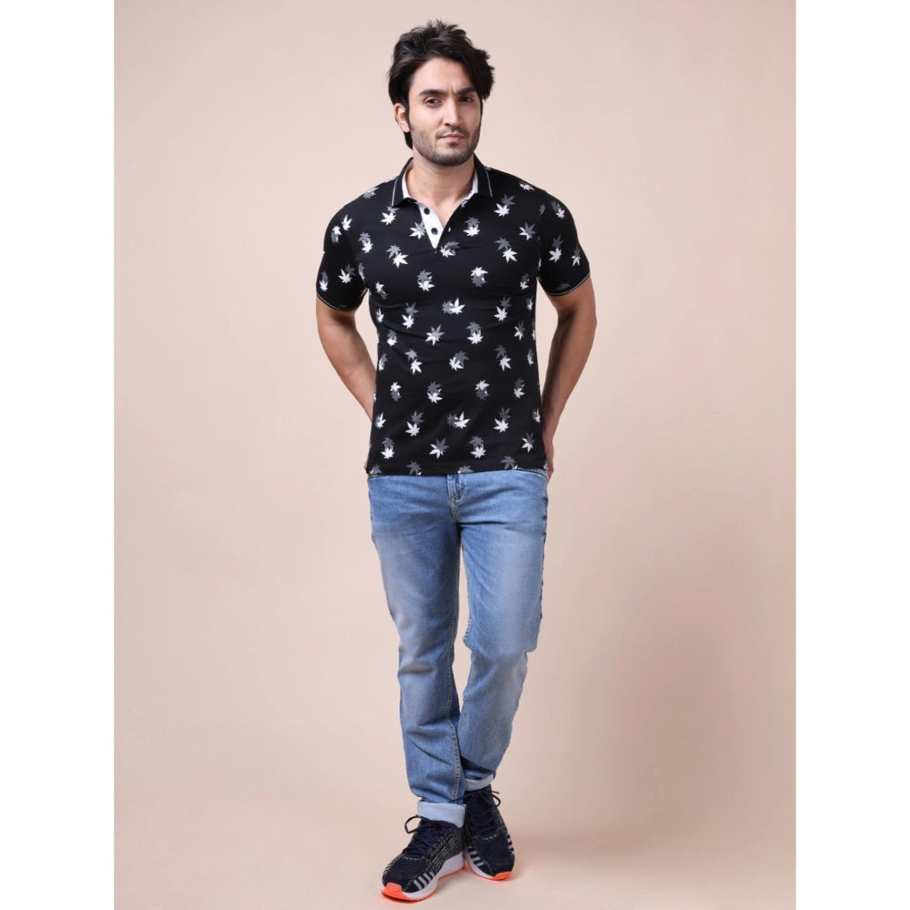 Men's Casual Cotton Printed Polo Neck Half Sleeve T-Shirt (Black)