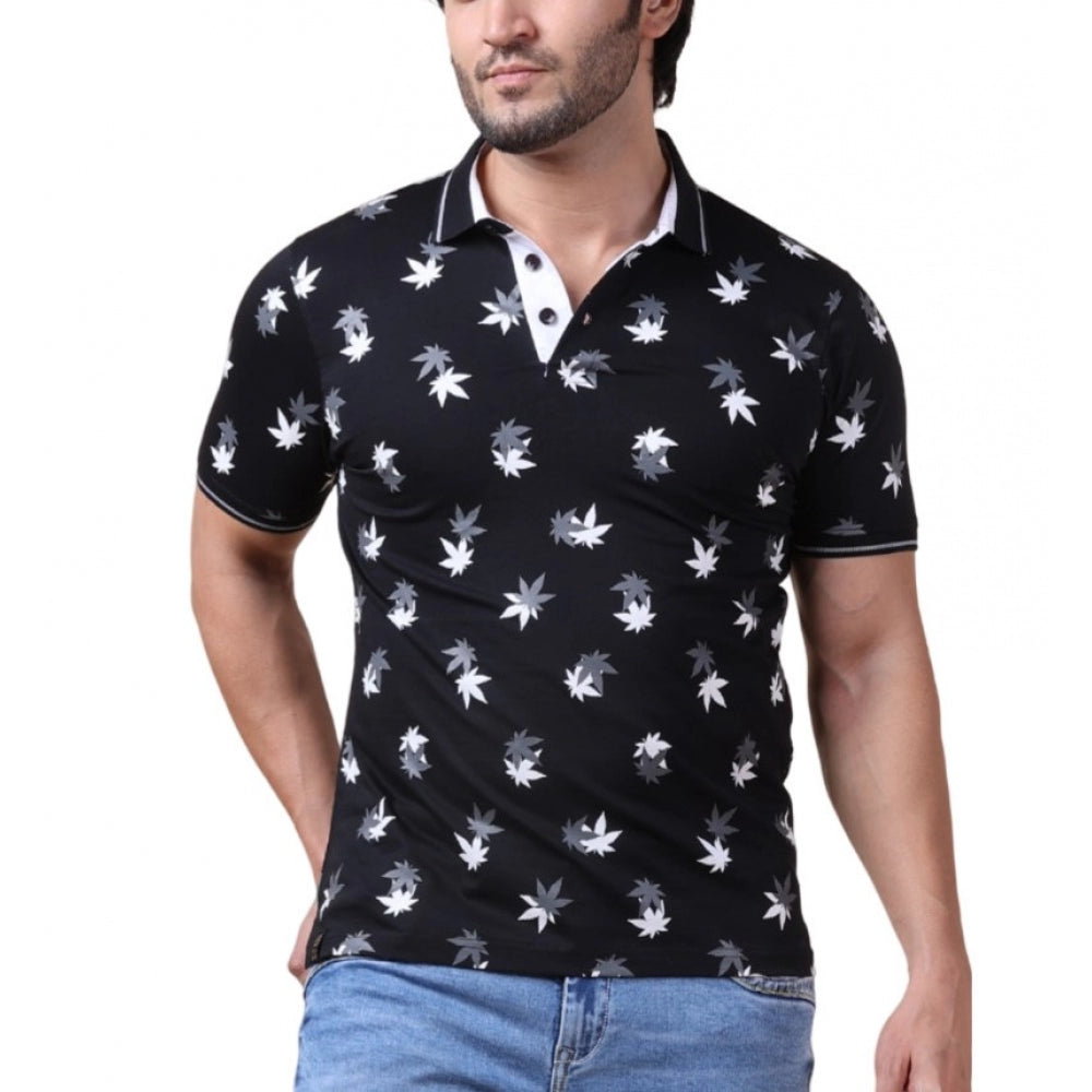 Men's Casual Cotton Printed Polo Neck Half Sleeve T-Shirt (Black)