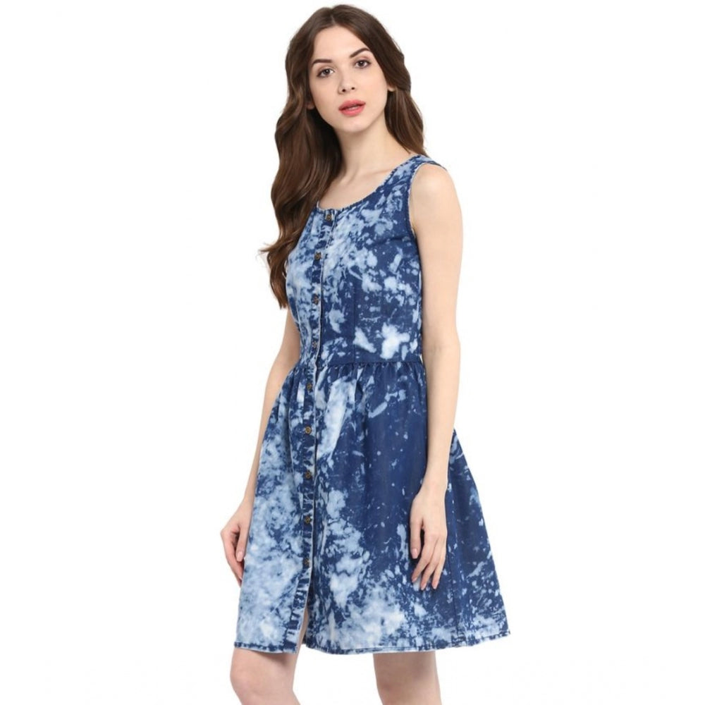 Women's Denim Tie &; Dye Sleeveless Above Knee Dress (Blue)