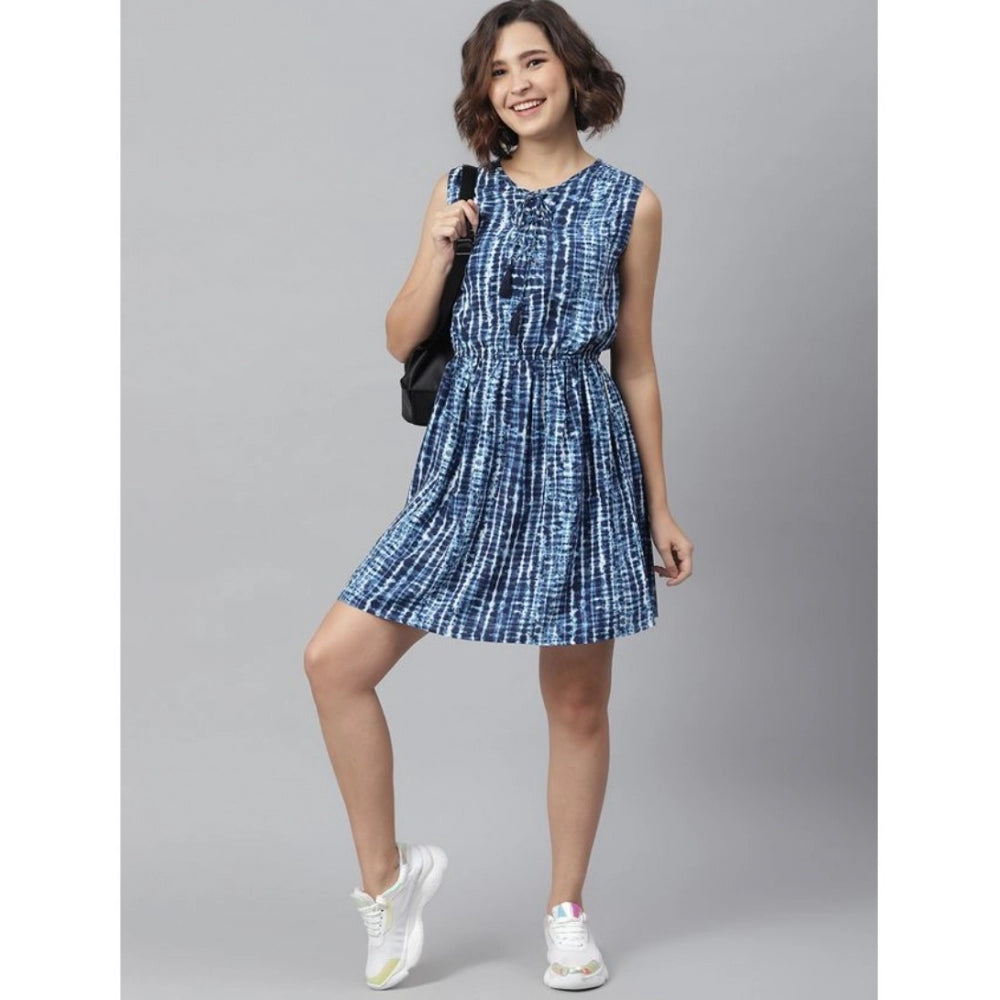 Women's Rayon Tie &; Dye Sleeveless Above Knee Dress (Blue)