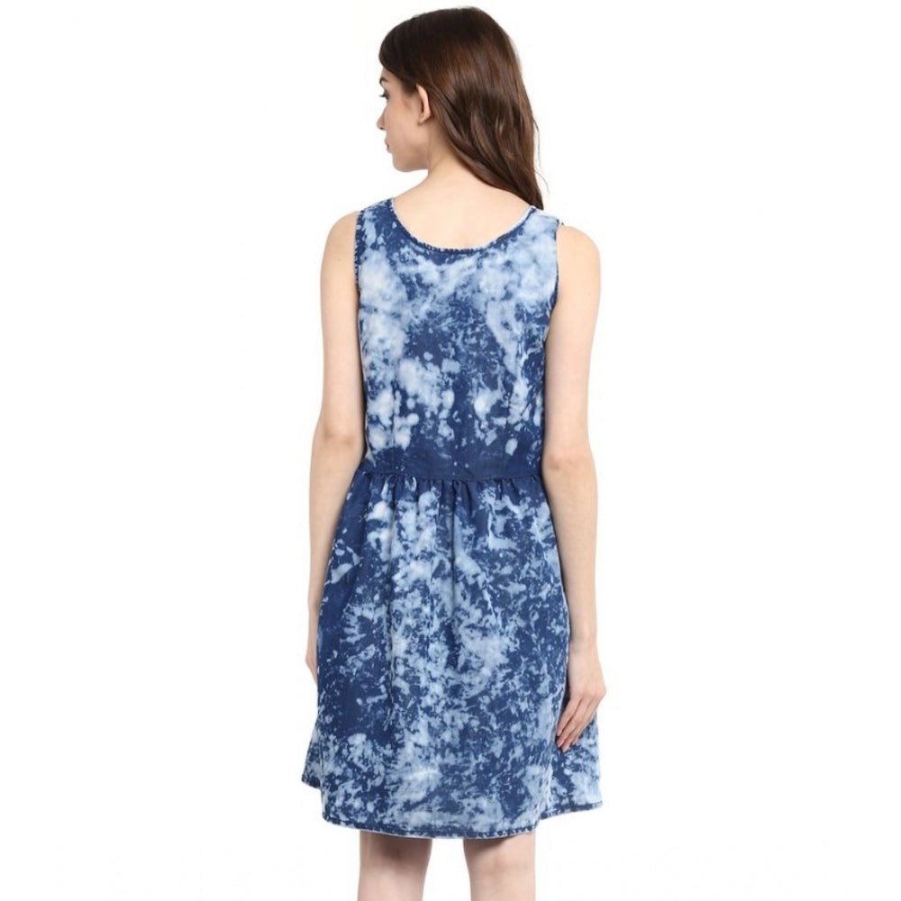 Women's Denim Tie &; Dye Sleeveless Above Knee Dress (Blue)