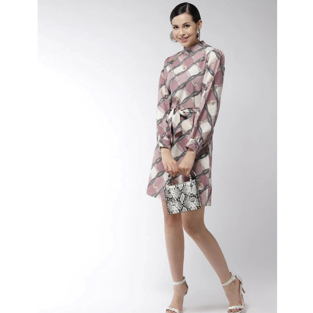 Women's Polyester Checkered Long Sleeves Above Knee Dress (Off White - Lavender)