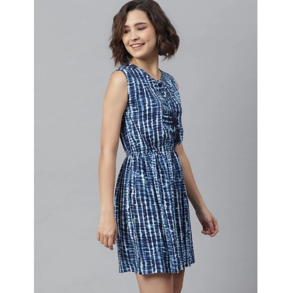 Women's Rayon Tie &; Dye Sleeveless Above Knee Dress (Blue)