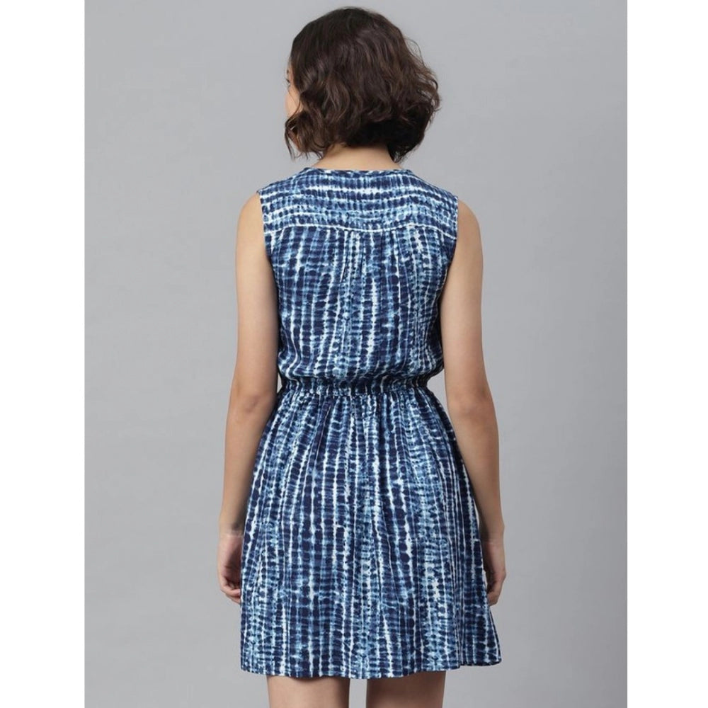 Women's Rayon Tie &; Dye Sleeveless Above Knee Dress (Blue)