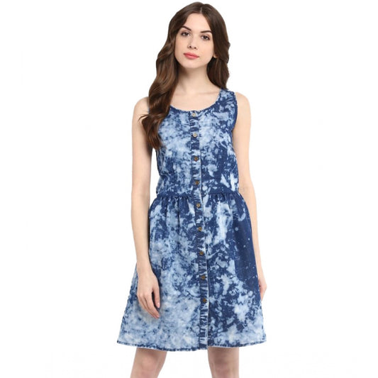 Women's Denim Tie &; Dye Sleeveless Above Knee Dress (Blue)