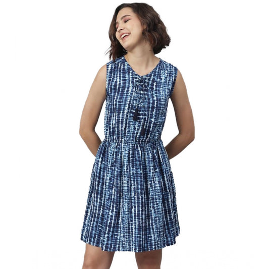 Women's Rayon Tie &; Dye Sleeveless Above Knee Dress (Blue)
