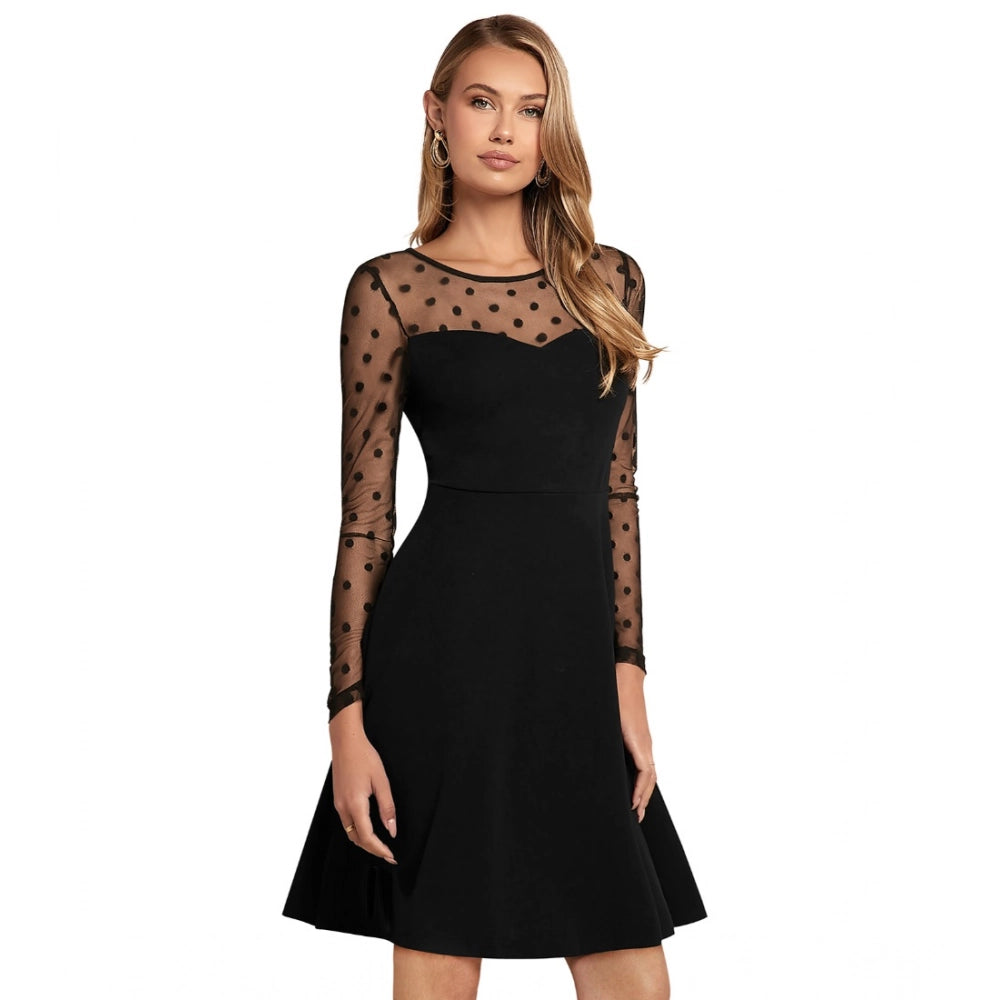Women's Knitting stretchable Solid Round Neck Full Sleeve Dress (Black)