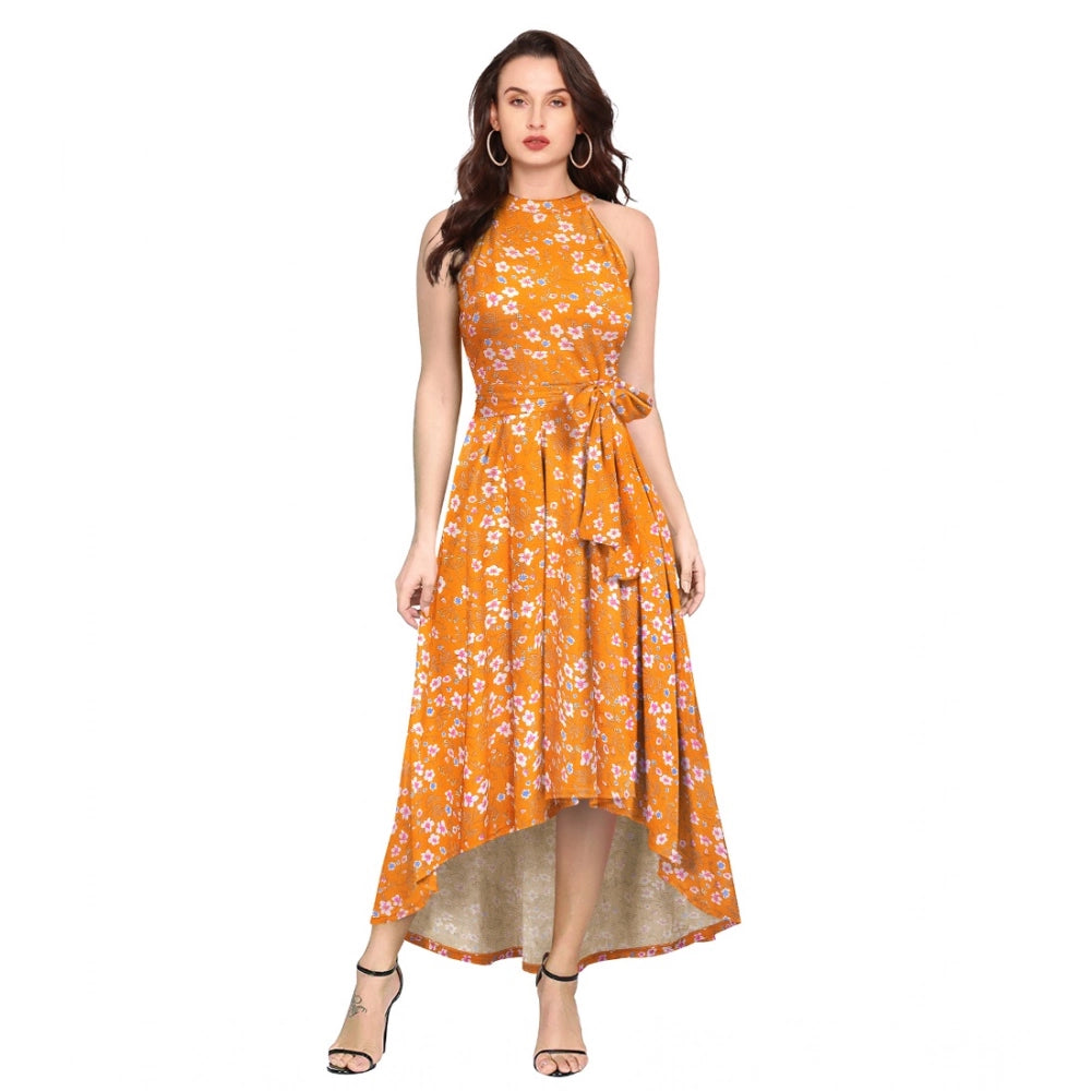 Women's Polyester Printed Halter Neck Sleeveless Dress (Yellow)