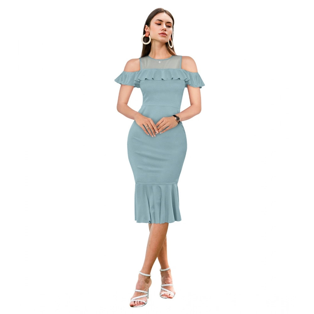 Women's Knitting stretchable Solid Round Neck Sleeveless Dress (Pista )