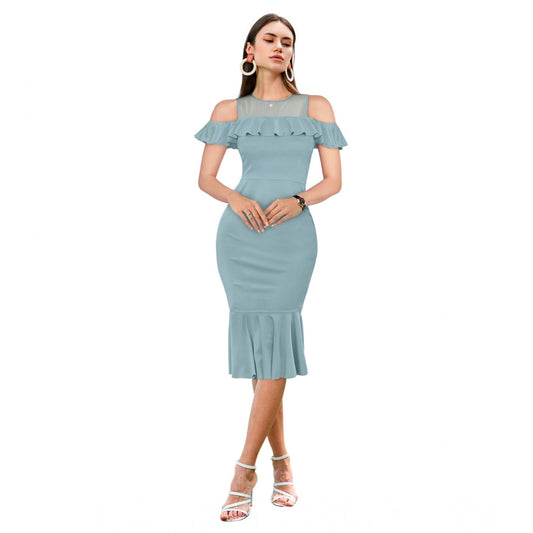 Women's Knitting stretchable Solid Round Neck Sleeveless Dress (Pista )