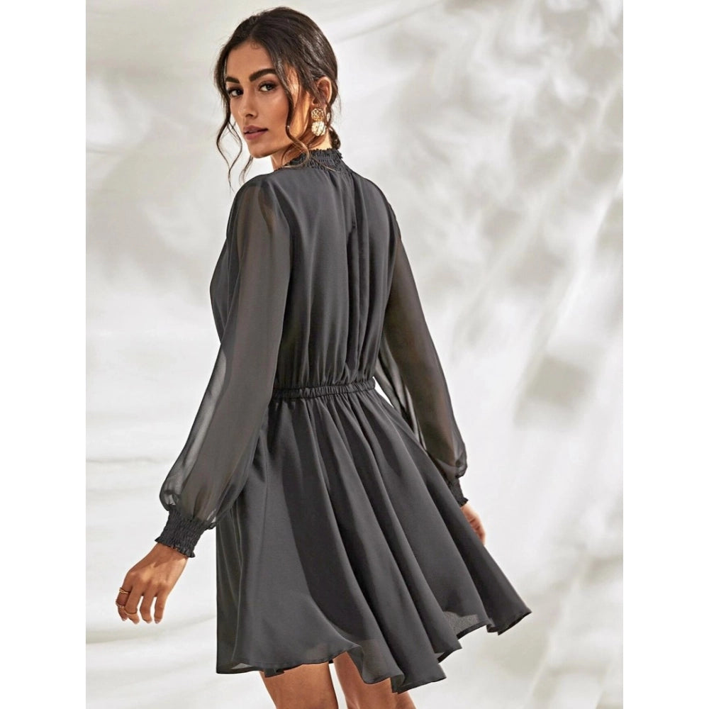 Women's Fox Georgette Solid High Neck Full Sleeve Dress (Grey)