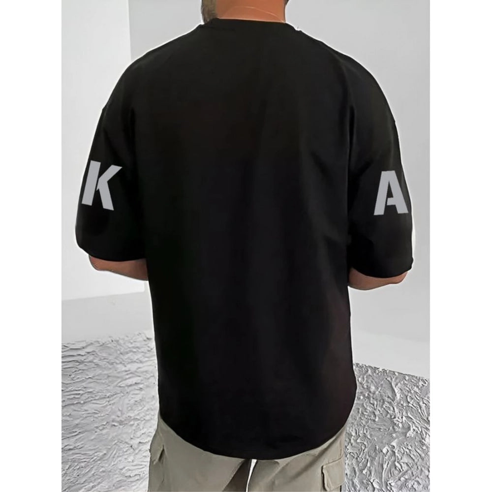 Men's Casual Cotton Blend Printed Round Neck Half Sleeve T-Shirt (Black)