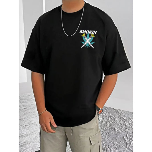 Men's Casual Cotton Blend Printed Round Neck Half Sleeve T-Shirt (Black)