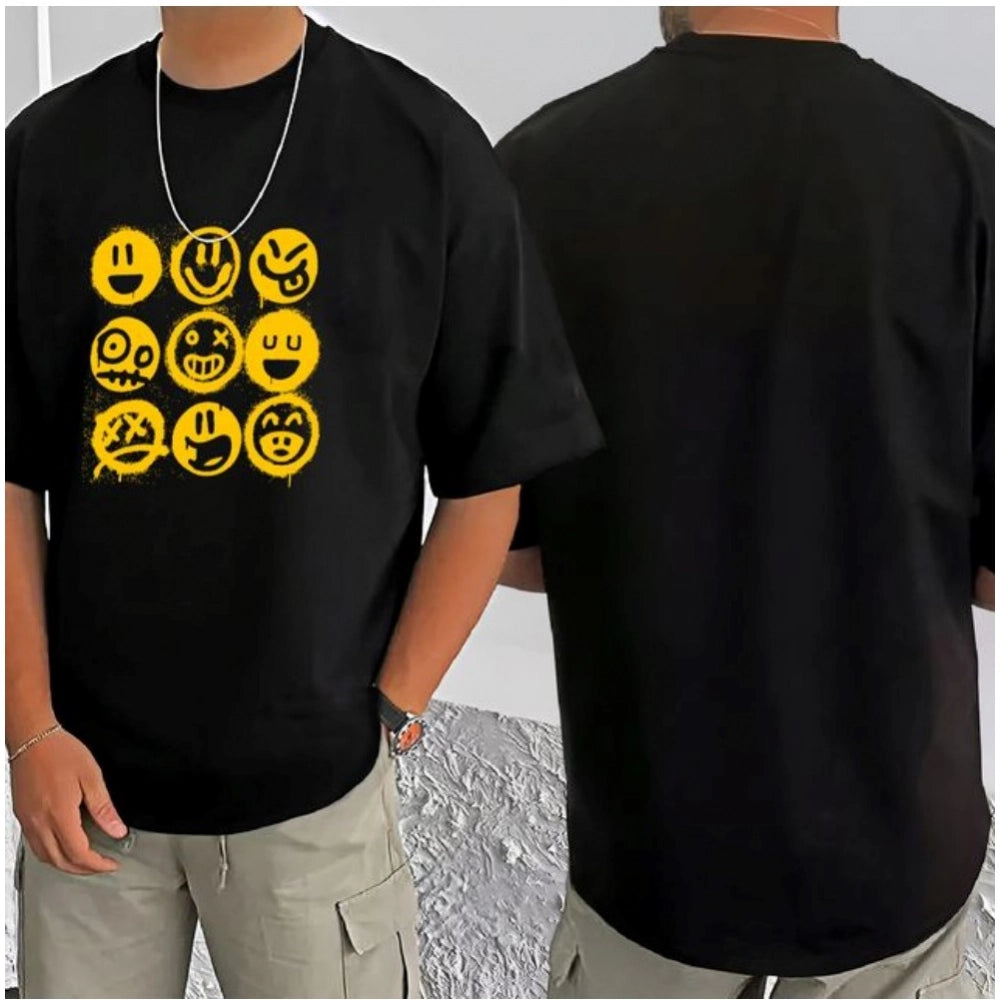 Men's Casual Cotton Blend Printed Round Neck Half Sleeve T-Shirt (Black)