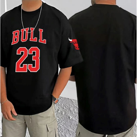 Men's Casual Cotton Blend Printed Round Neck Half Sleeve T-Shirt (Black)