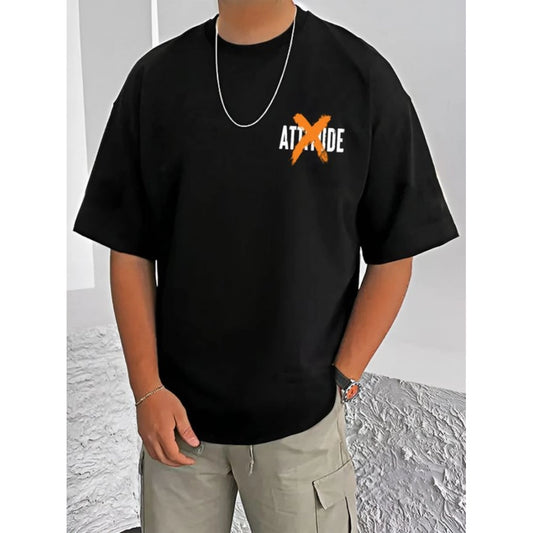 Men's Casual Cotton Blend Printed Round Neck Half Sleeve T-Shirt (Black)